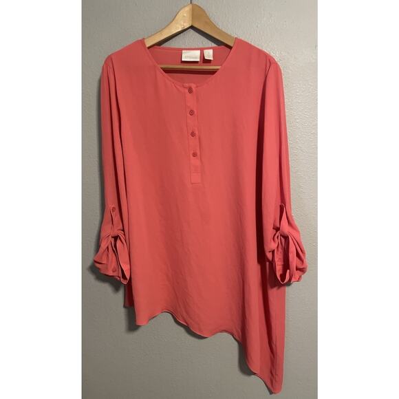 Chicos Womens Tunic Size 3 US XL Pink Chiffon Asymmetric Roll Tab Sleeve Modern - Picture 1 of 7